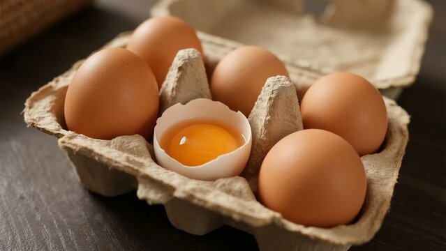 Carton of brown eggs with one cracked open revealing yolk