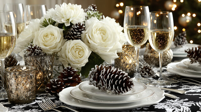 White Roses and Pinecones Christmas Table with Champagne