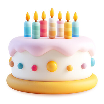 Pastel birthday cake with lit candles, 3D render, pink drip icing, festive celebration dessert