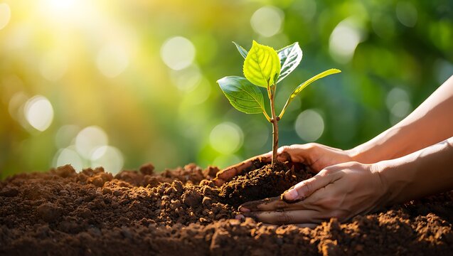 Planting seedling in fertile soil with hands for new life concept