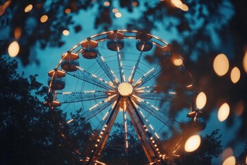 A Ferris wheel at night illuminated with LED lights, viewed from below, clean and professional composition, copy space, natural color, minimalism, stock photography