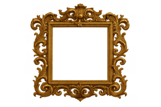 Golden ornate picture frame with baroque rococo style design features and empty space, transparent background