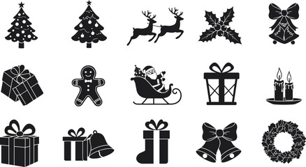 Christmas icons set, holiday silhouette collection, festive symbols, black and white vector, seasonal decorations, winter celebration, traditional Christmas elements
