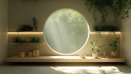 Calm, minimalist room with a large circular window showcasing a lush forest