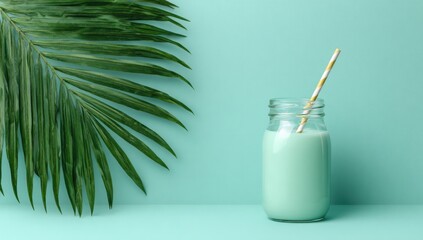 Mint-colored drink in a mason jar, next to a palm leaf
