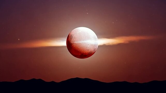 Ethereal Lunar Eclipse Over Dark Mountains - A Celestial Spectacle.