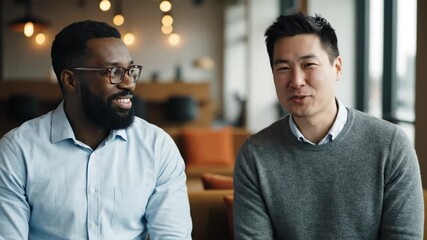 Two diverse male colleagues enjoy a relaxed and friendly conversation during a coffee break in a soft-focus office setting, showing positive workplace relationships - Powered by Adobe