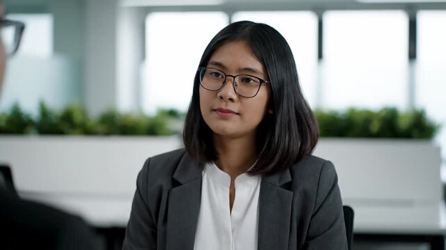A professional woman listens intently and nods during a business conversation in a soft-focus office, demonstrating active listening and empathy in a collaborative environment.