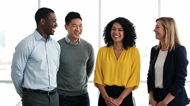 A diverse group of business colleagues laugh together during a coffee break, with a woman's joyful expression as the focus in a soft-focus office setting