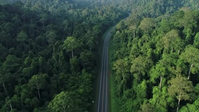 Stunning aerial drone footage captures a vibrant, dense green forest dramatically split by a winding highway. A few tiny cars add a touch of life to this serene, untouched landscape.
