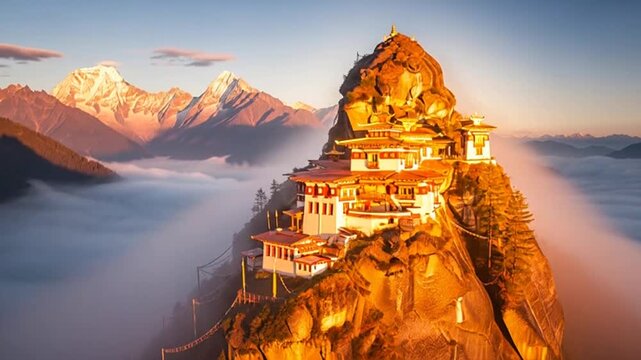 Tigers Nest Monastery in Bhutan at Sunrise, Paro Taktsang Temple Complex.