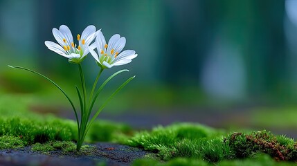 Delicate white flowers with yellow centers bloom on lush green mossy ground with soft bokeh background outdoor nature close-up detail