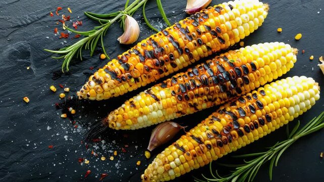 Grilled corn on cob with herbs and spices dark slate background