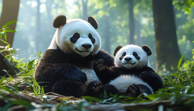 A mother panda and her cub sit together in a lush forest setting.