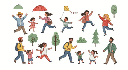 Happy Family Outdoor Activities &ndash; Parents and Kids Walking and Playing in Park Illustration