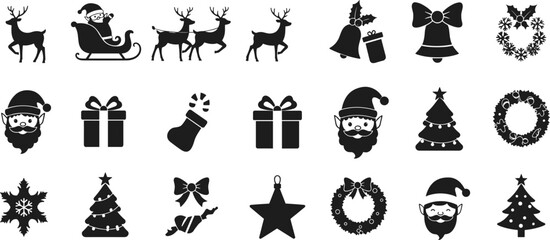 Christmas silhouette icons, festive holiday symbols, Santa sleigh, gift boxes, wreaths, reindeer, snowflake, tree, elf, bell, stocking, decorations