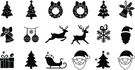 Christmas silhouette icons, festive vector set, holiday decorations, Santa, reindeer, tree, wreath, gift, snowflake, elf, ornament, bell, sleigh, winter, celebration, black icons, seasonal clipart