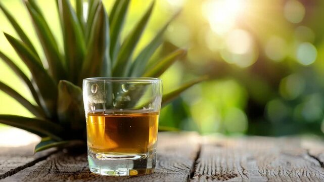 Glass of amber liquid on rustic wooden table with agave plant in background, sunny day