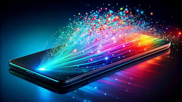 Smartphone with colorful light trails representing connectivity and data flow ideal for technology and communication concepts