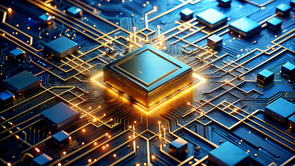 Central processing unit on a motherboard illuminated with golden light representing advanced technology and computer hardware