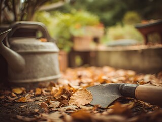 Naklejka premium shrubbery. Autumn leaves and gardening tools in a sunlit garden, evoking seasonal tranquility. representing seasonal cycles and harvest abundance.