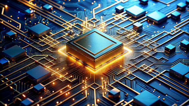 Central processing unit on a motherboard illuminated with golden light representing advanced technology and computer hardware