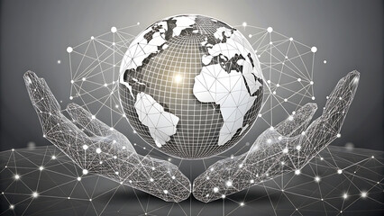 Connected world illustration digital network concept with hands holding a globe global technology and communication