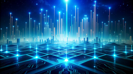 Futuristic city network with glowing connections digital landscape with circuit board patterns for technology and innovation concepts