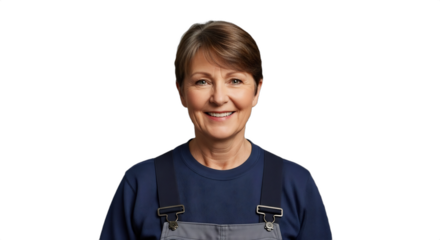 Smiling senior Caucasian woman, a professional chimney sweep, in clean work overalls over a thermal shirt. Elegant studio portrait with shallow depth of field. Isolated on transparent background.