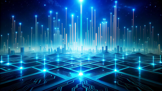 Futuristic city network with glowing connections digital landscape with circuit board patterns for technology and innovation concepts - Powered by Adobe