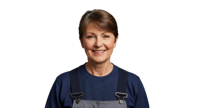 Smiling senior Caucasian woman, a professional chimney sweep, in clean work overalls over a thermal shirt. Elegant studio portrait with shallow depth of field. Isolated on transparent background.