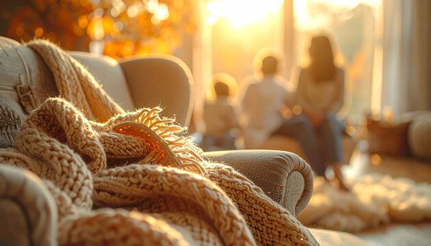 Cozy Comfort: Capturing the essence of a serene family moment, a knitted blanket adorns a plush armchair, bathed in the warmth of the sun.