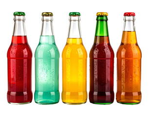 A lineup of five colorful glass bottles filled with different flavored sodas and sealed with various colored caps