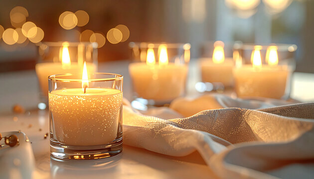 Golden Glow of Serenity: Warm candlelight dances, illuminating glass votives arranged with an elegant linen cloth, creating an atmosphere of tranquility and gentle radiance.