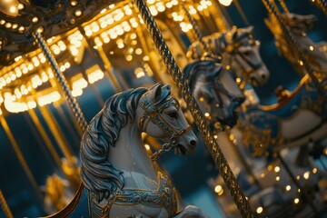 Fototapeta premium A top-down view of a carousel with ornate horses and golden lights at dusk, clean and professional composition, copy space, natural color, minimalism, stock photography