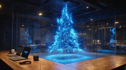 A digital Christmas tree glows in a modern office space. The tree is holographic, emitting blue light. A wooden desk with laptops and a cup is visible nearby.