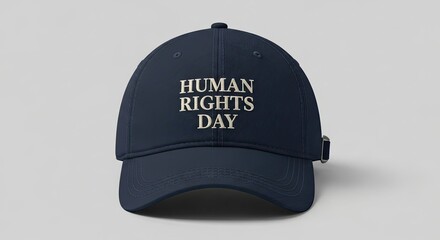 Navy blue baseball cap with human rights day embroidered on it
