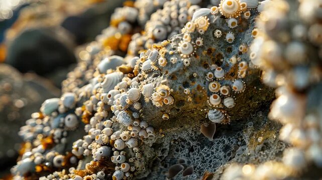 Close-up of marine barnacles attached to coastal rocks