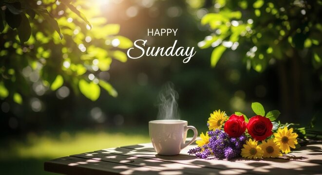 Happy Sunday Greetings: Coffee Mug and Bright Flowers on Wooden Table in Lush Garden Sunlight - Powered by Adobe