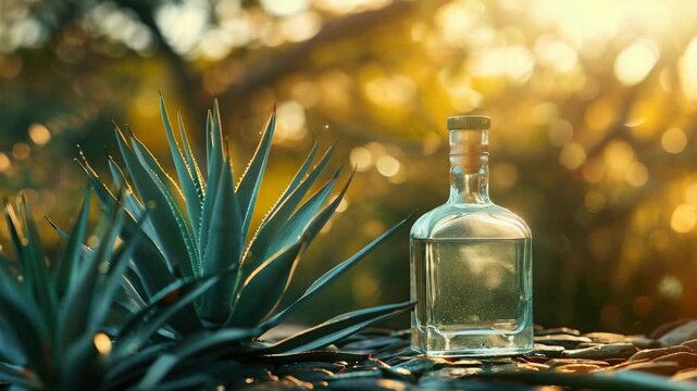 Clear glass bottle on table with agave plants in background, lit by golden sunlight