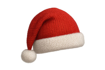 Red knitted christmas hat with white pompom and cuff isolated on transparent background for festive season design
