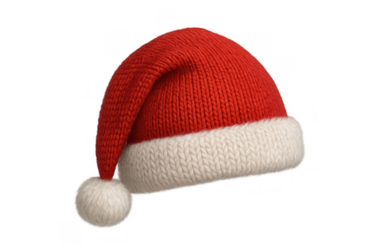 Red knitted christmas hat with white pompom and cuff isolated on transparent background for festive season design