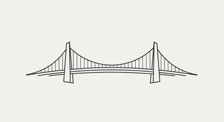 Line art illustration of a suspension bridge with two towers and cables against a light background.