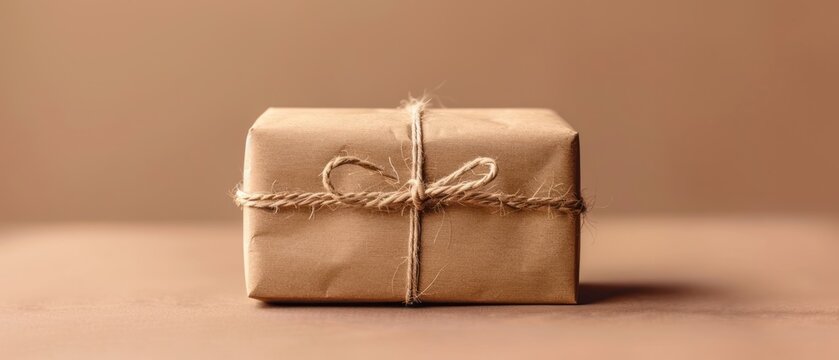 Wrapped gift box with twine on beige background package delivery concept