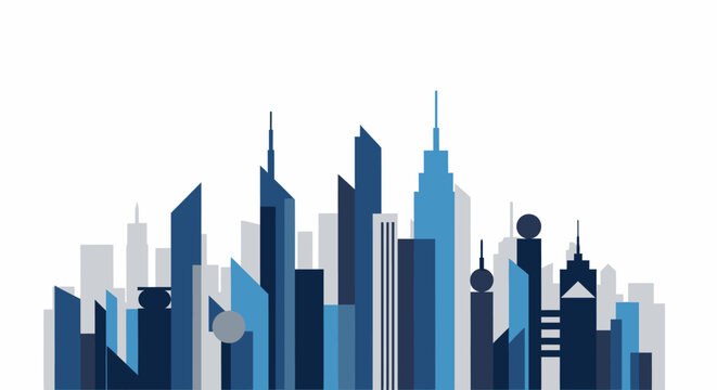 Stylized cityscape illustration with various skyscrapers in shades of blue and gray against a white background.