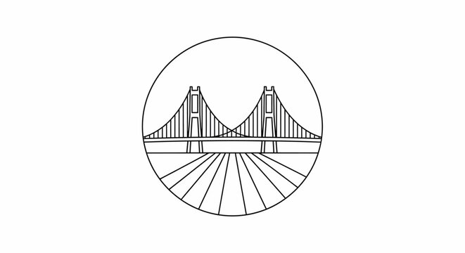 Minimalist line art of a suspension bridge over water, enclosed in a circle.