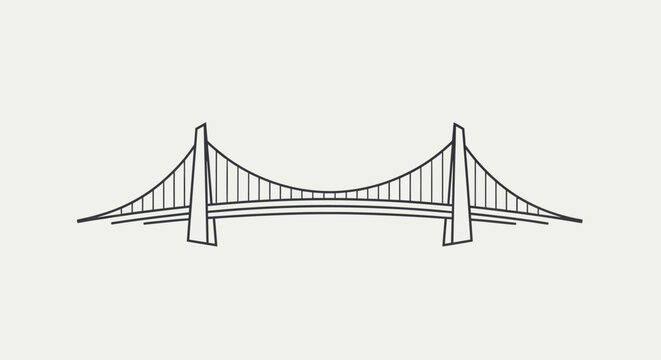 Line art illustration of a suspension bridge with two towers and cables against a light background.
