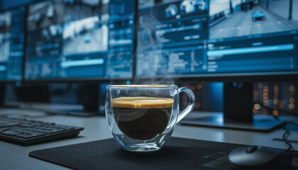Hot Coffee Cup on Desk in Front of Computer Monitors