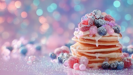 Stacked pancakes topped with sugared berries and a drizzle of syrup, set on a glittery surface with a bokeh background