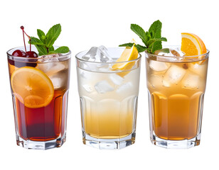 Three refreshing beverages with ice, garnished with fruit slices and mint leaves, displayed in clear glasses on a transparent background